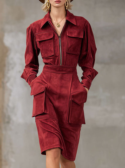 Faux Suede Midi Work Dress with Zipper, Flaps, and Multiple Pockets