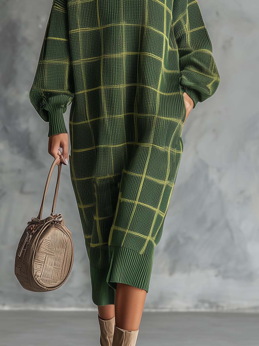 Retro Comfort Green Check Midi Dress with Round Neck