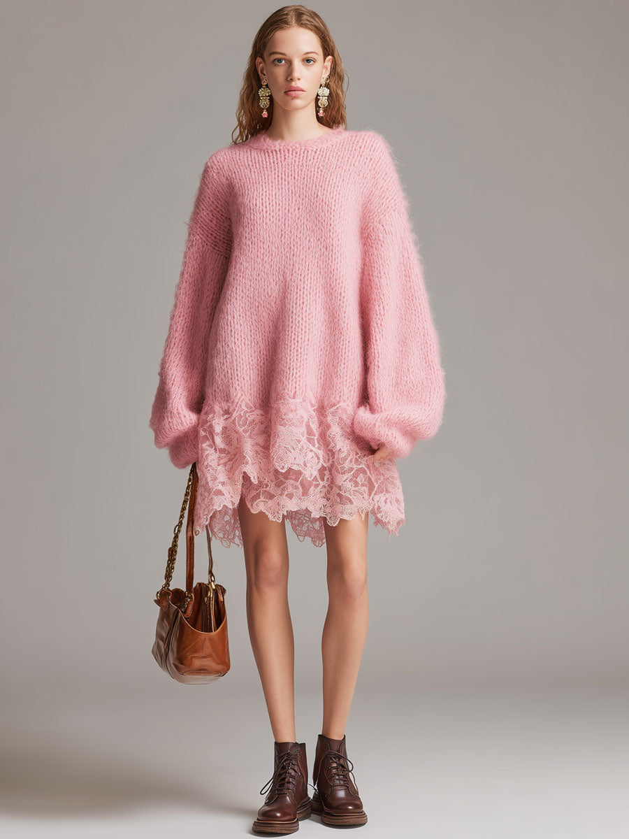 Chic Retro Pink Lace Knit Mini Dress with Long Sleeves and Round Neck