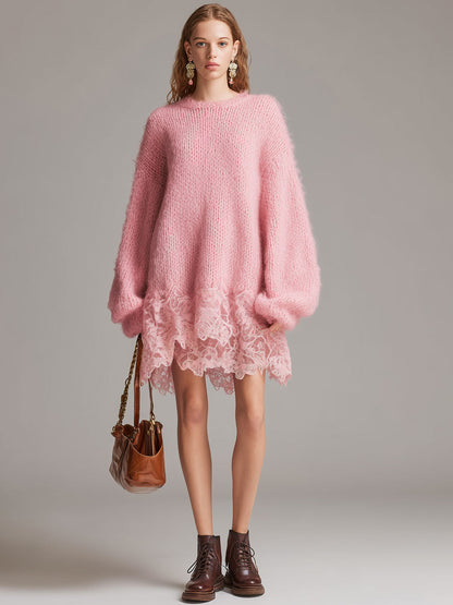 Chic Retro Pink Lace Knit Mini Dress with Long Sleeves and Round Neck