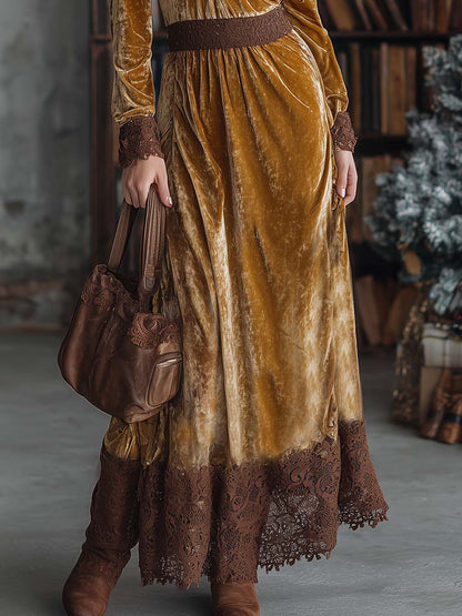 Chic Brown Maxi Dress Featuring Lace, V-Neck, and Luxurious Gold Velvet Accents