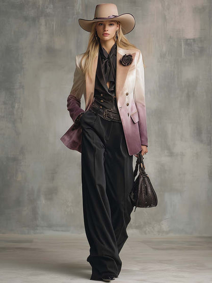 Chic Vintage Blazer with Peak Lapels and 3D Floral Accents in Beige-Purple Velvet Gradient