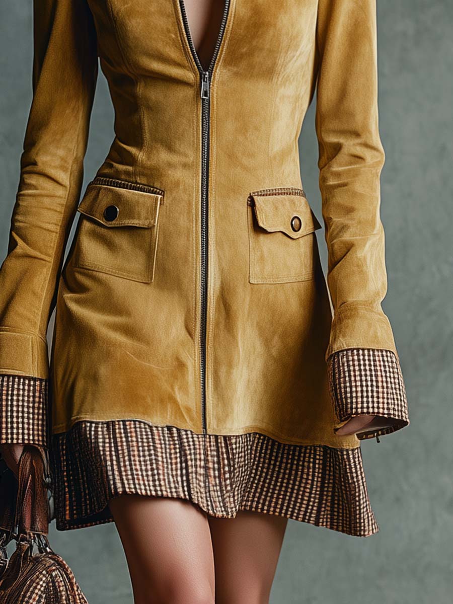 Eco-Friendly Gold Suede Vintage Mini Dress with Front Zip and Frill Details