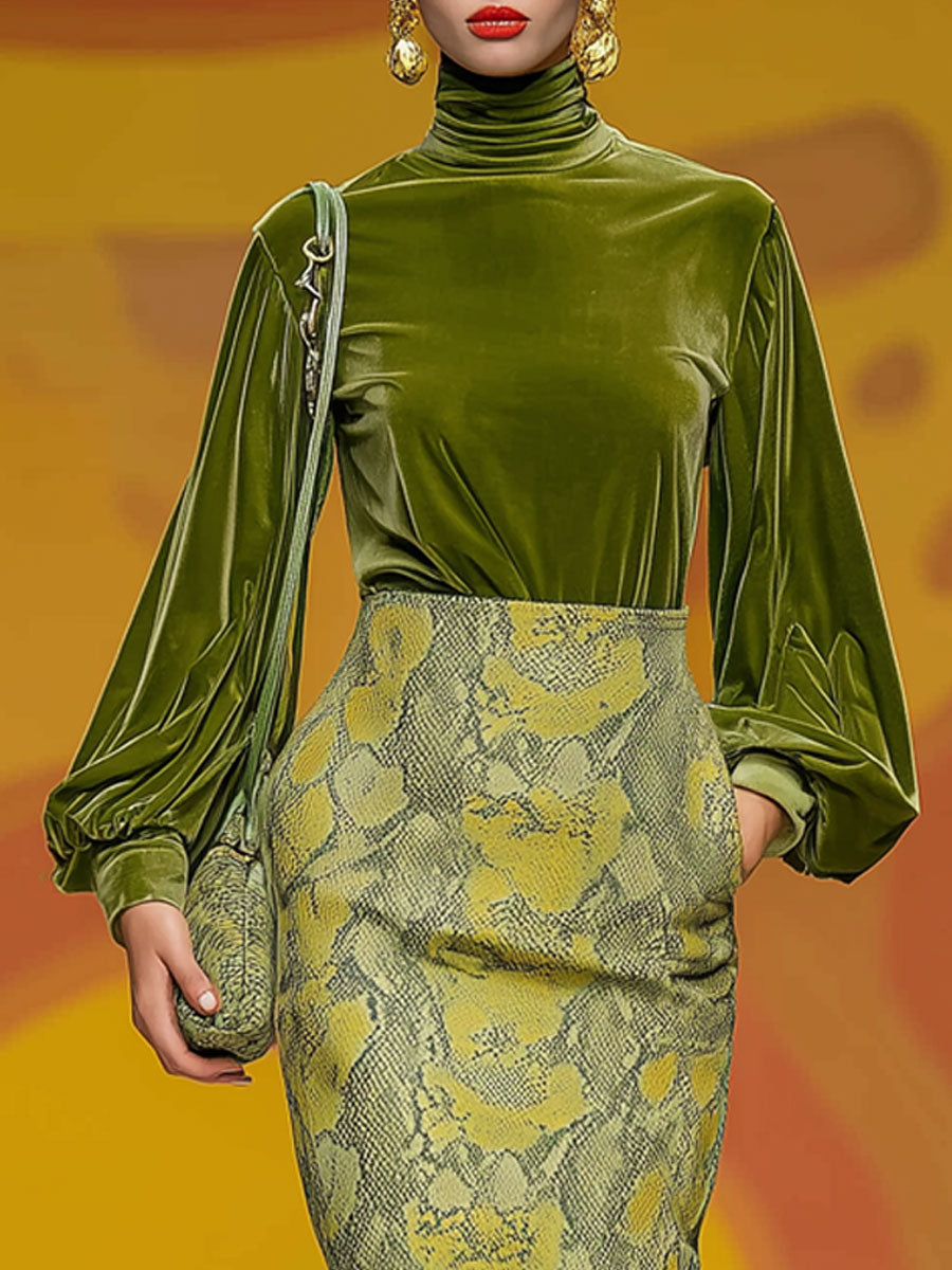 Vintage Green Velvet Turtleneck and Snakeskin Print Skirt Set
