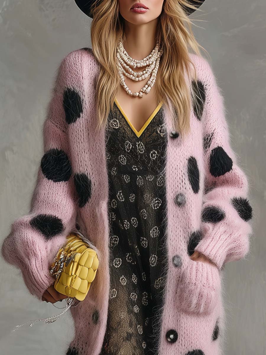 Pink Faux Rabbit Wool Long Sleeve Cardigan with Retro Polka Dot Design
