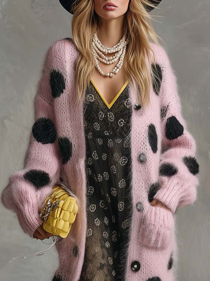 Pink Faux Rabbit Wool Long Sleeve Cardigan with Retro Polka Dot Design