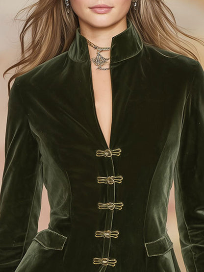 Chic Dark Green Velvet Retro Jacket with Elegant Gold Buttons