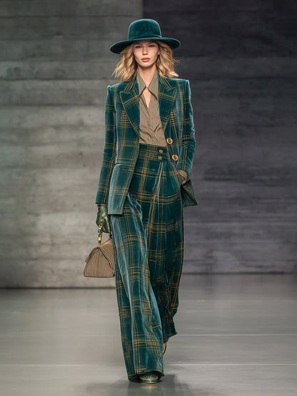 Chic Green Check Velvet Blazer with High-Waisted Wide-Leg Trousers