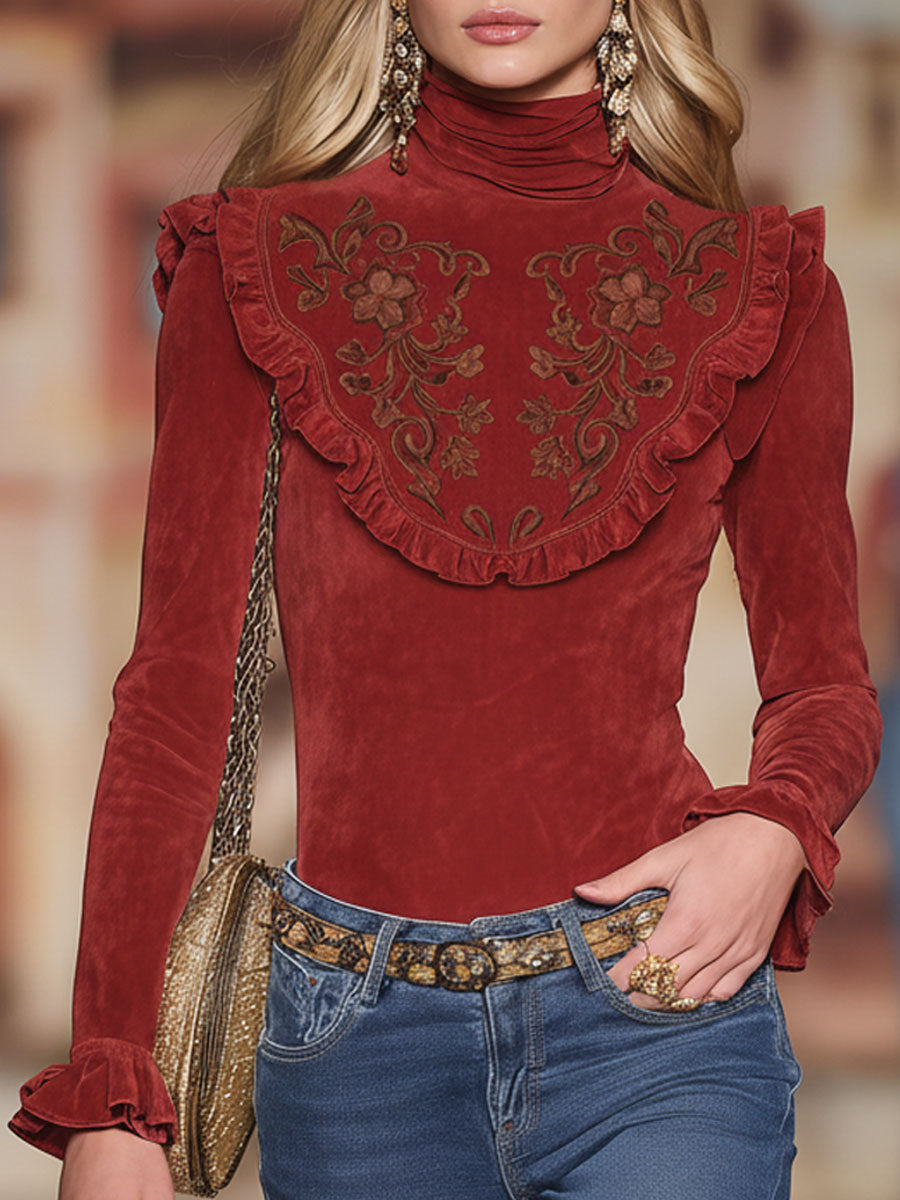 Vintage-Inspired Faux Leather Long Sleeve T-Shirt with Embroidered High Collar and Ruffle Details