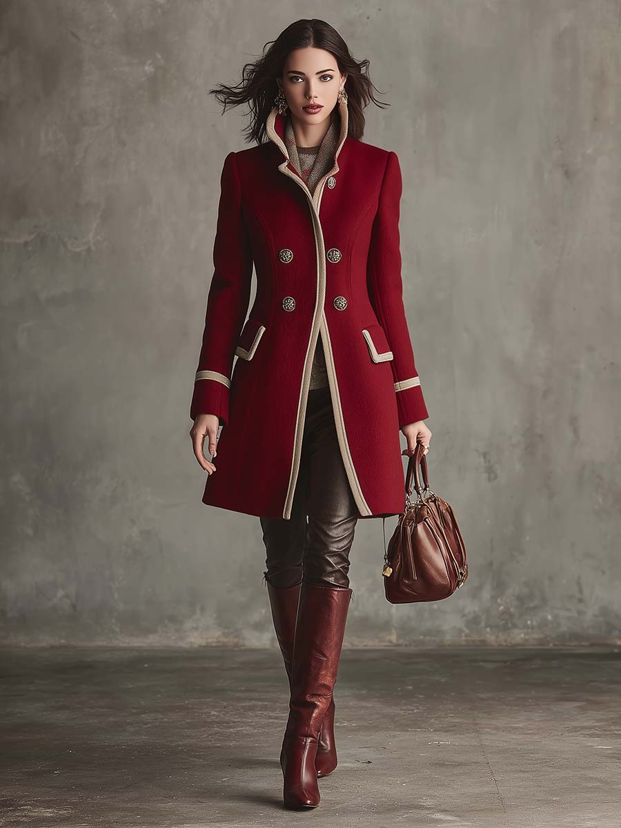 Chic Retro Red Wool Coat with Beige Accents and Button Closure