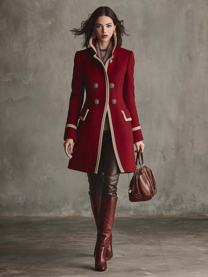 Chic Retro Red Wool Coat with Beige Accents and Button Closure