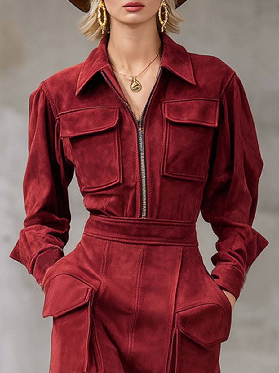 Faux Suede Midi Work Dress with Zipper, Flaps, and Multiple Pockets