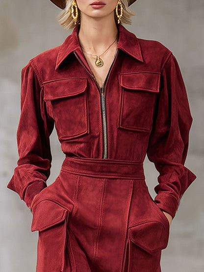 Faux Suede Midi Work Dress with Zipper, Flaps, and Multiple Pockets