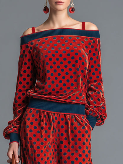 Vintage-Inspired Off-the-Shoulder Red Velvet Sweatshirt and Skirt Set with Dots