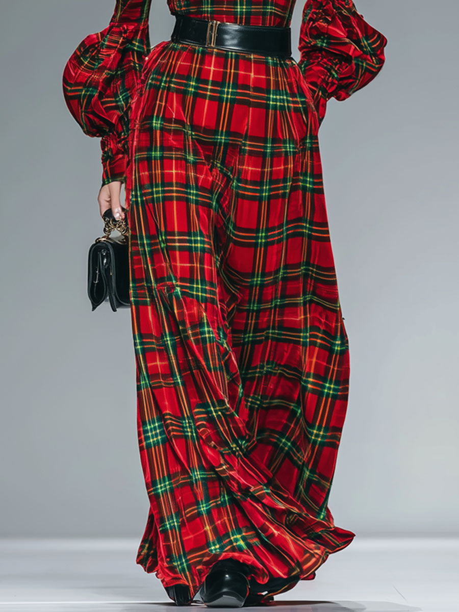 Chic Red and Green Check Maxi Dress with Lantern Sleeves