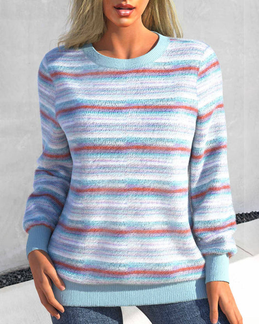 Casual Striped Round Neck Sweatshirt with Relaxed Fit