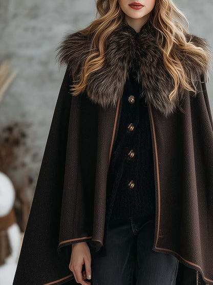 Classic Dark Brown Wool Coat with Cozy Faux Fur Collar