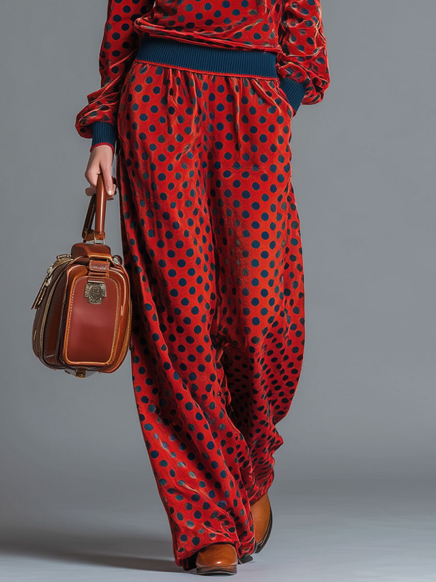 Vintage-Inspired Off-the-Shoulder Red Velvet Sweatshirt and Skirt Set with Dots