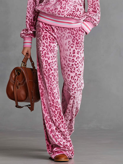Retro Pink Leopard Print Velvet Sweatshirt and Wide-Leg Trousers Set