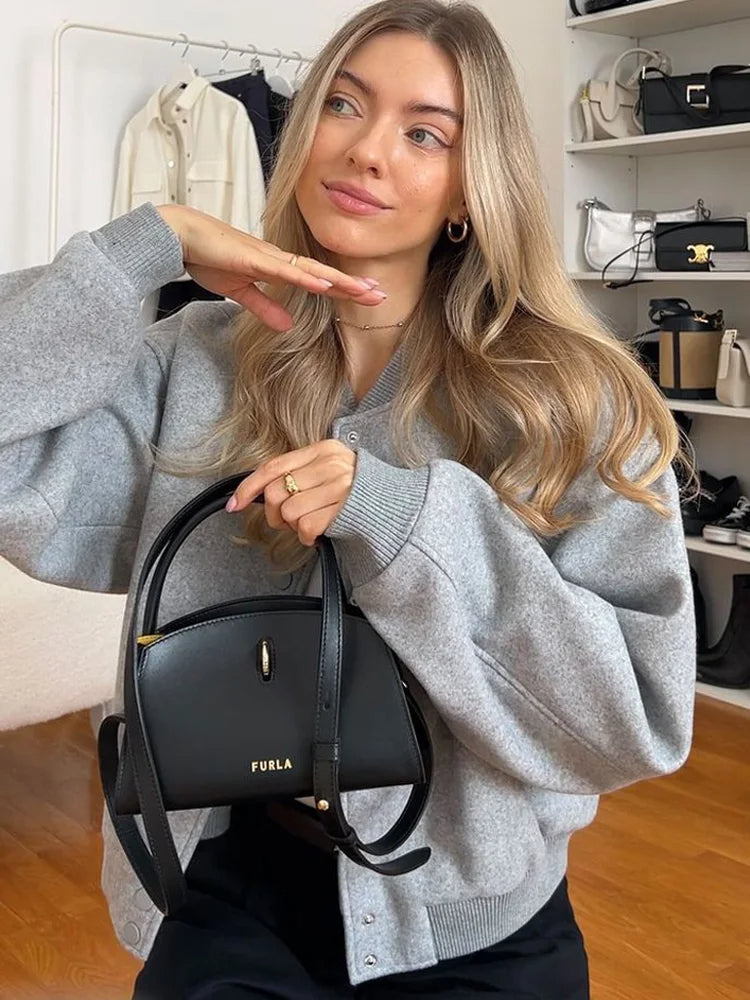 Chic Women's Wool Blend Bomber Jacket with Button Closure and Ribbed Cuffs