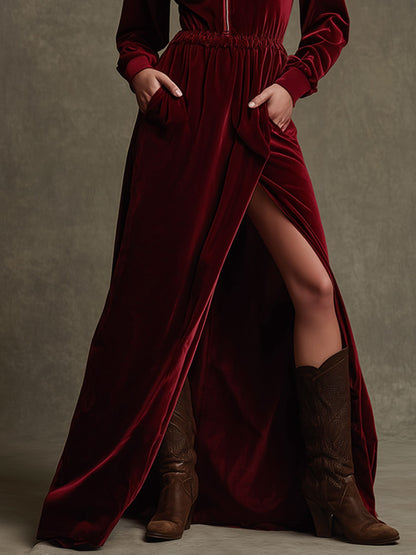 Chic Deep Red Velvet Maxi Dress with Embroidery, Long Sleeves, and Side Slit