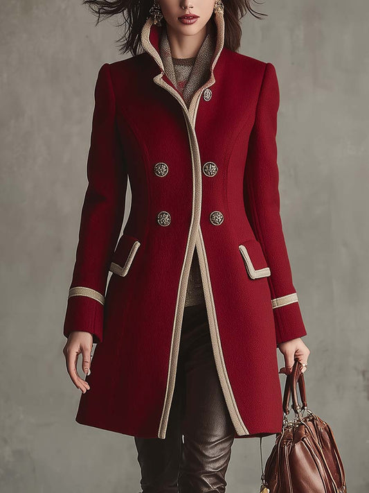 Chic Retro Red Wool Coat with Beige Accents and Button Closure