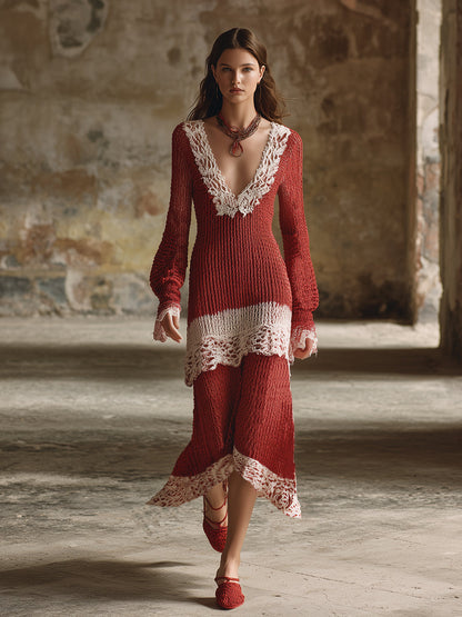 Retro-Inspired Classic Red Maxi Dress with Elegant Lace Accents