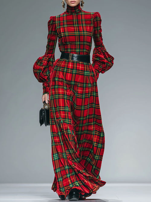 Chic Red and Green Check Maxi Dress with Lantern Sleeves