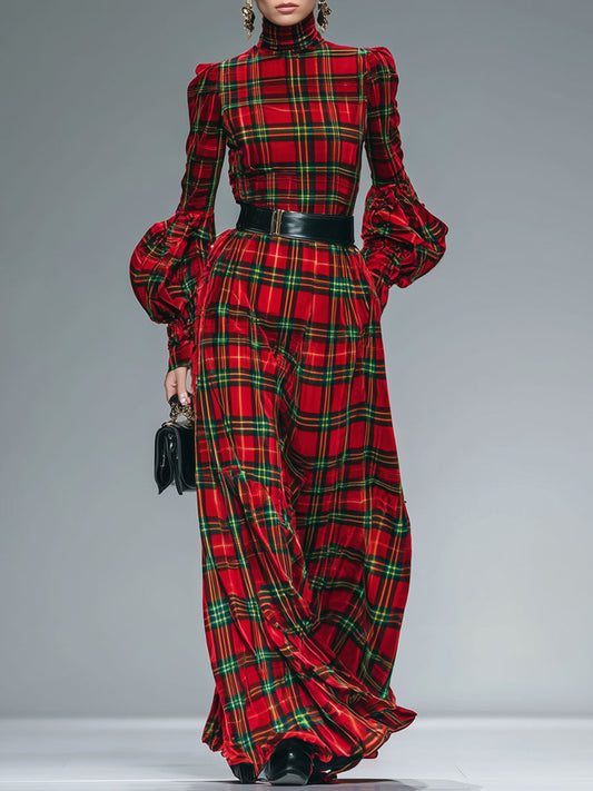 Chic Red and Green Check Maxi Dress with Lantern Sleeves