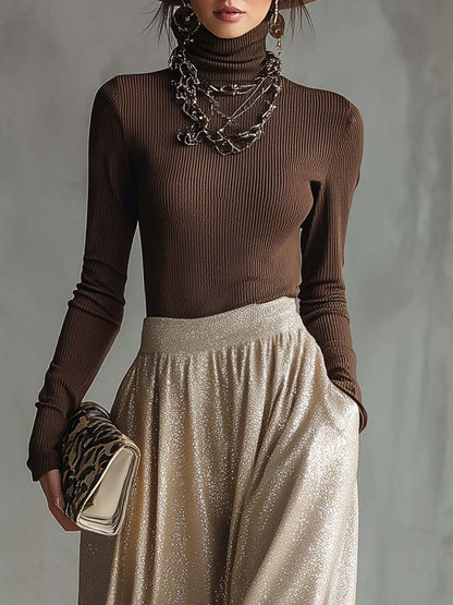 Chic Retro Brown High-Neck Sweater Paired with a Shimmering Silver Skirt