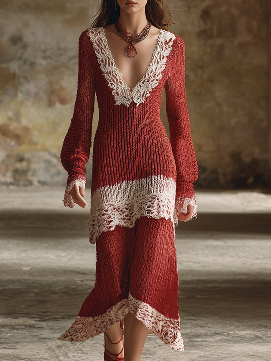 Retro-Inspired Classic Red Maxi Dress with Elegant Lace Accents