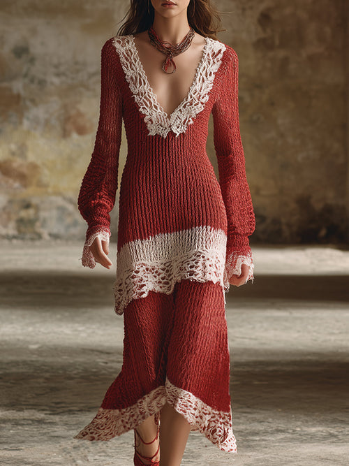 Retro-Inspired Classic Red Maxi Dress with Elegant Lace Accents