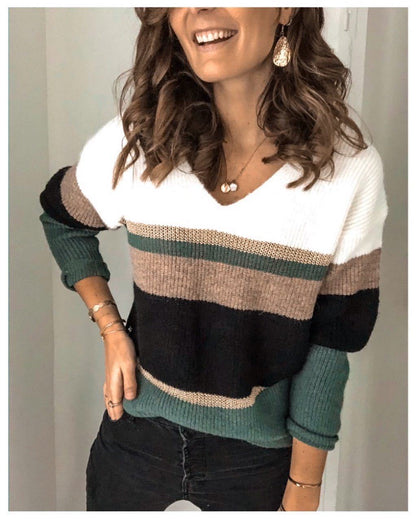 Deq | Women's Striped Sweater with Split V-Neck Detail