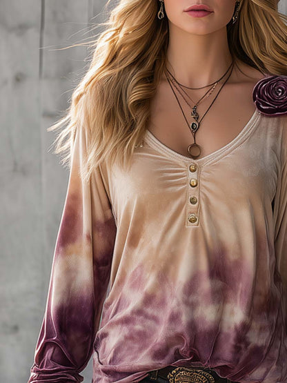 Chic Vintage Top Featuring 3D Floral Design in Purple Tie-Dye and Luxurious Beige Velvet