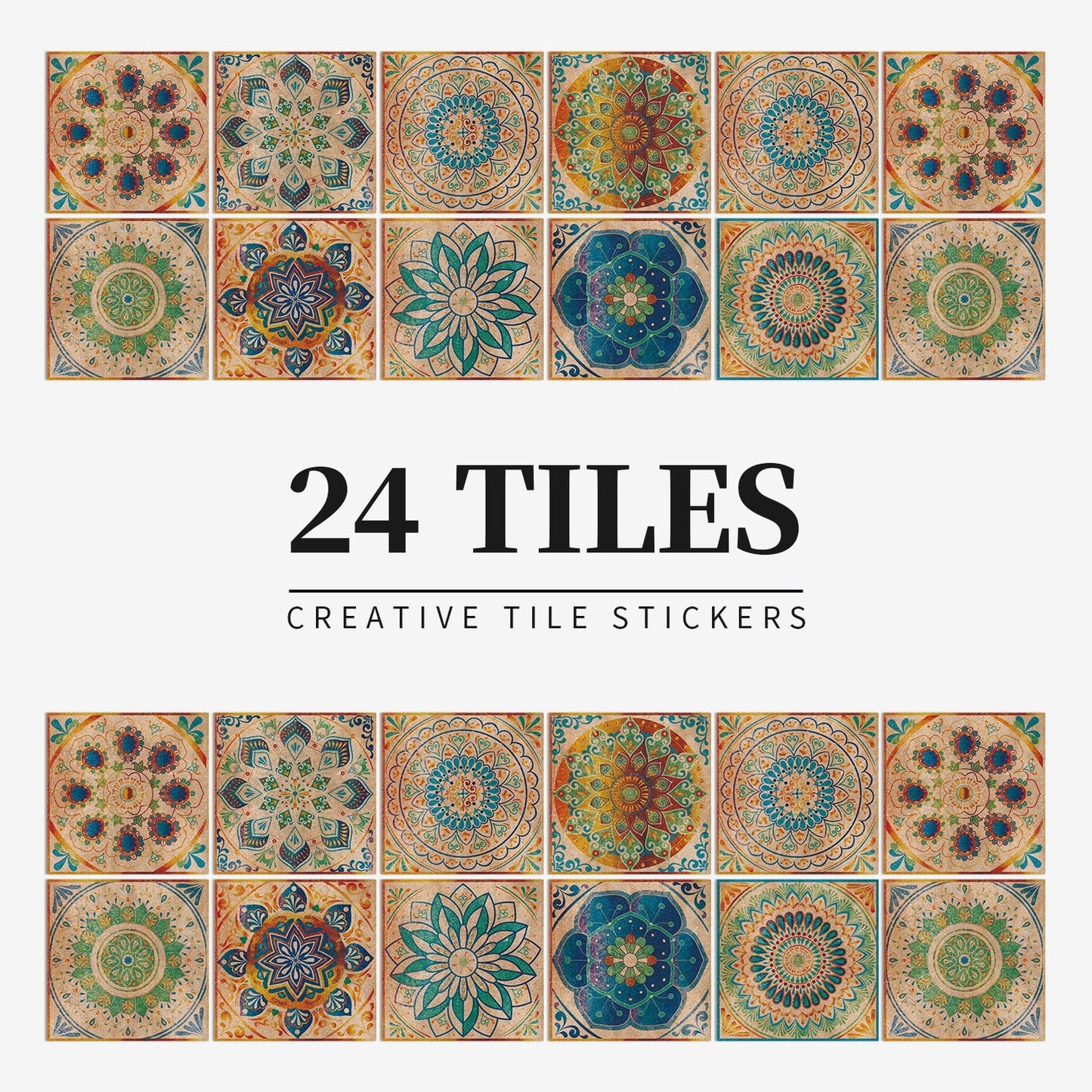 MandalaPatch | Set of 24 European-Style Peel & Stick Mandala Tile Stickers - Waterproof Vinyl for Walls & Floors
