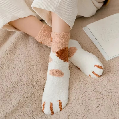 Cozy Winter Plush Socks with Cat Paw Design and Fun Animal Prints