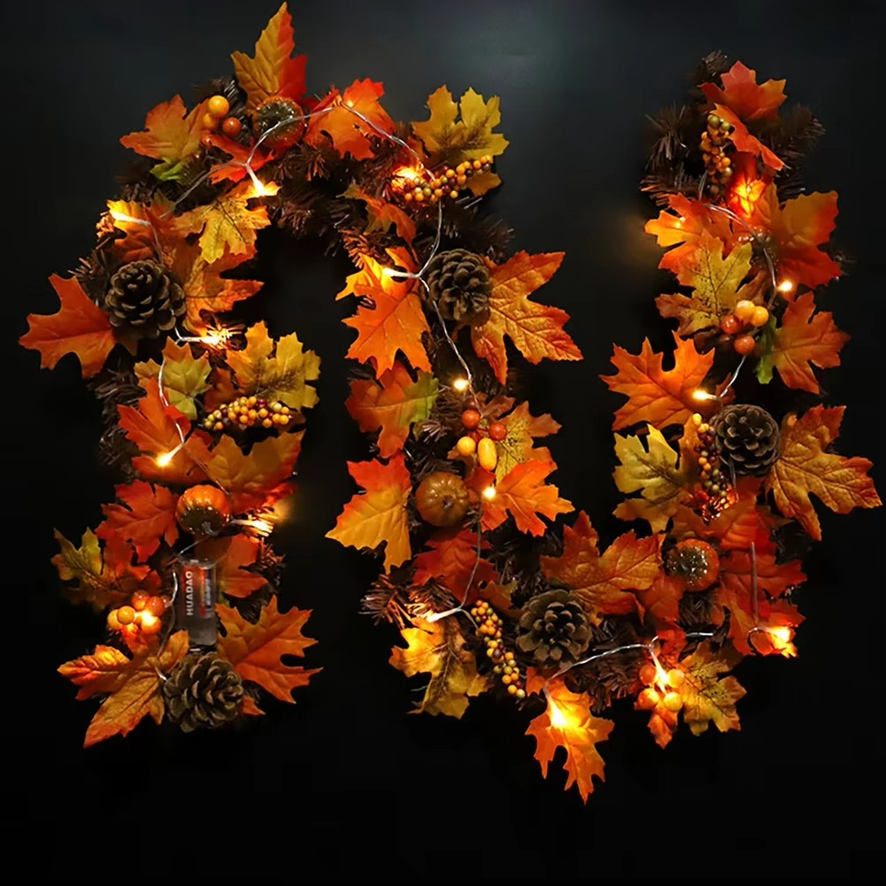 180 cm Autumn Garland Featuring Maple Leaves, Pine Cones, Pumpkins, and Berries
