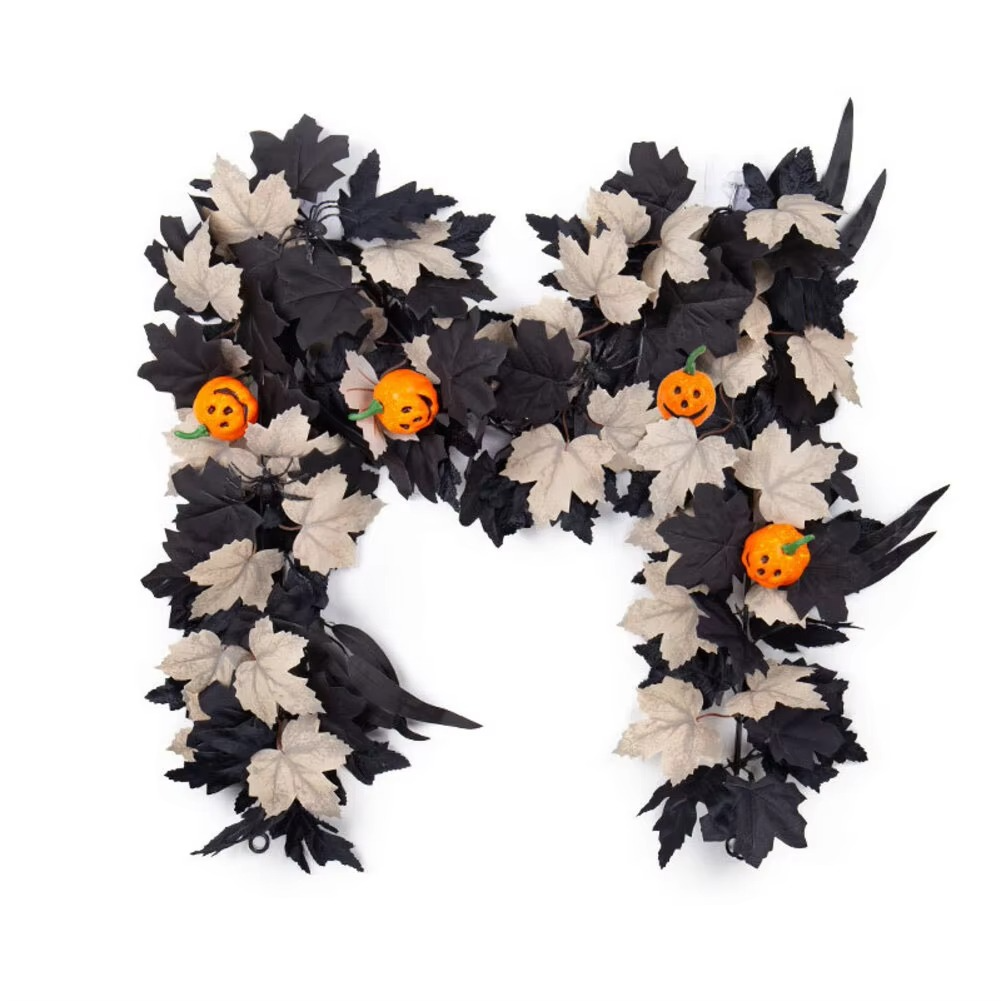 Halloween Garland with Black and Cream Foliage - Pumpkin and Spider Decor (175 cm)