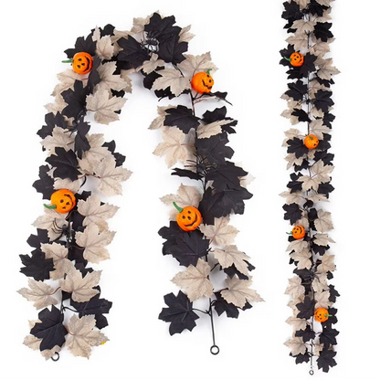 Halloween Garland with Black and Cream Foliage - Pumpkin and Spider Decor (175 cm)