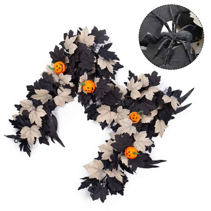Halloween Garland with Black and Cream Foliage - Pumpkin and Spider Decor (175 cm)