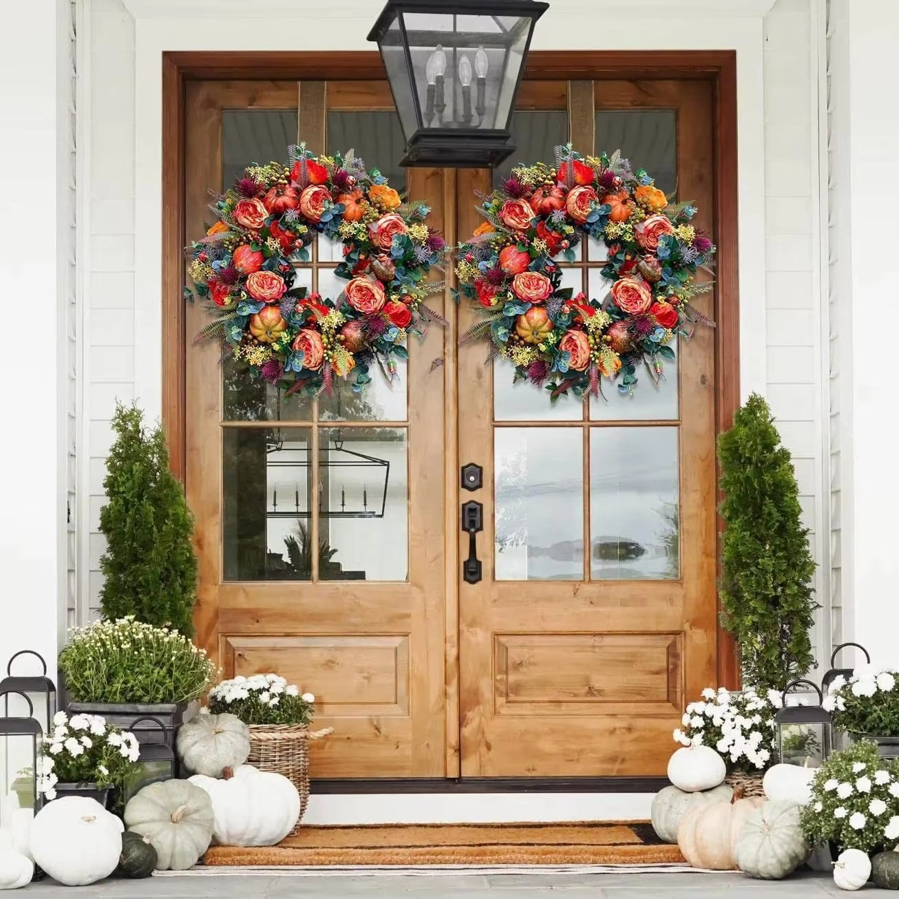 40 cm Autumn Wreath with Peony Flowers and Pumpkins for Door Decor