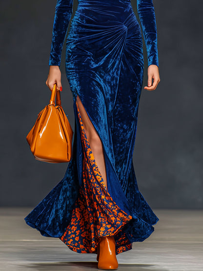 Chic Navy Blue Velvet Maxi Dress Featuring Leopard Print Accents