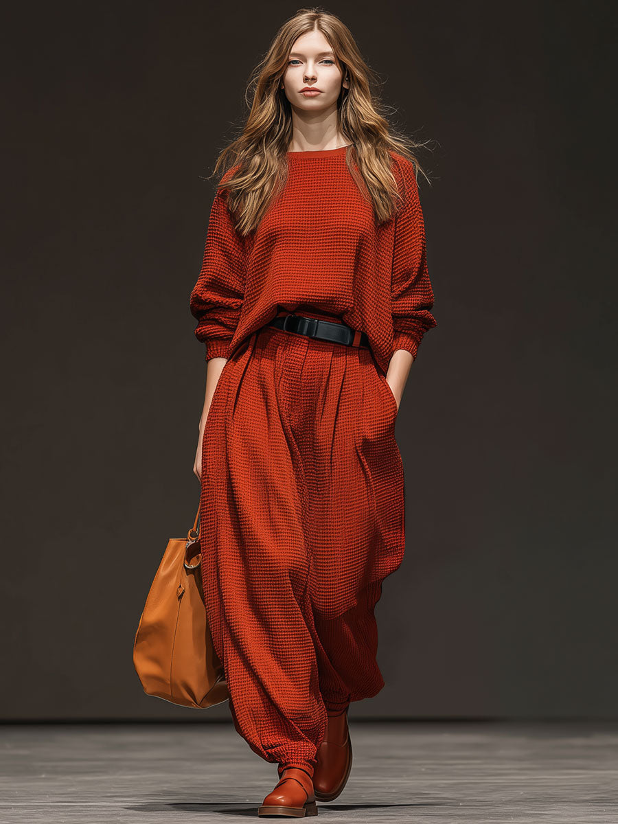 Retro-Inspired Red Waffle Knit Sweater with Round Neck and Sporty Trousers
