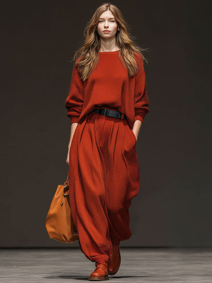 Retro-Inspired Red Waffle Knit Sweater with Round Neck and Sporty Trousers