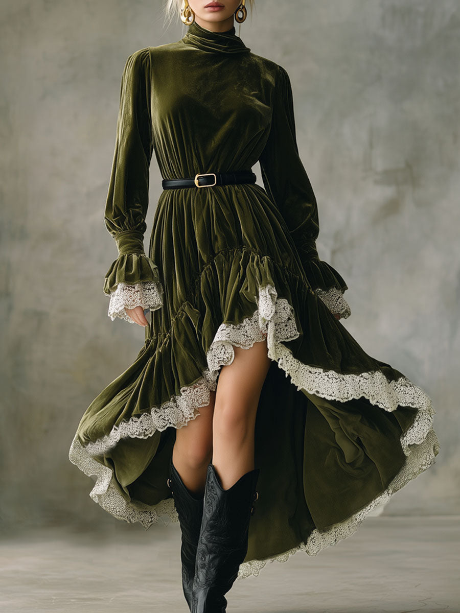 High-Collared Maxi Dress with Lace Accents