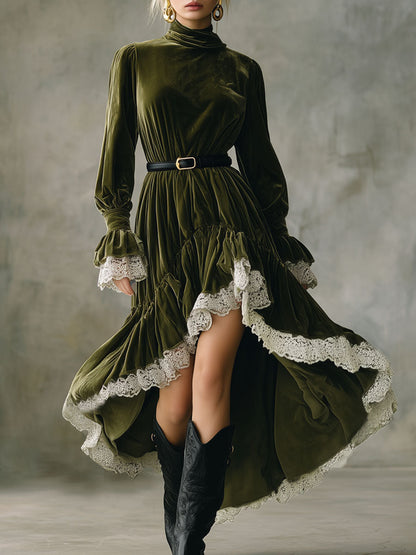 High-Collared Maxi Dress with Lace Accents