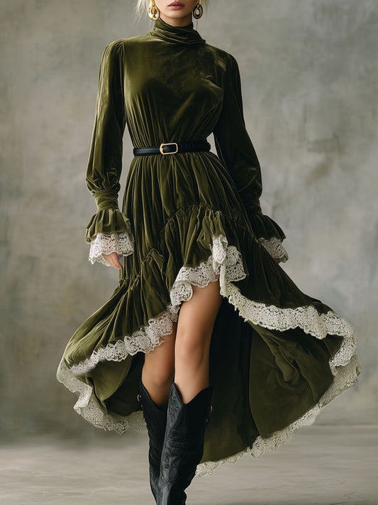 High-Collared Maxi Dress with Lace Accents