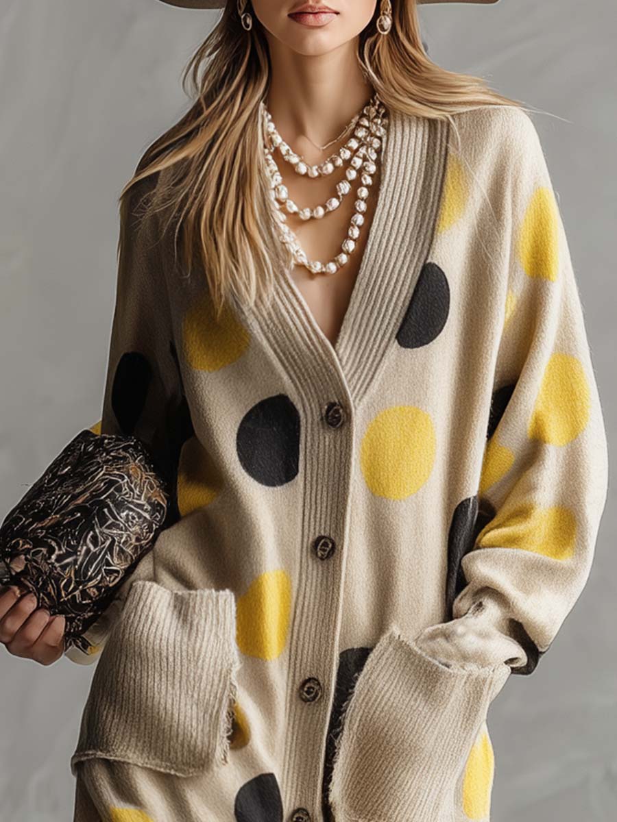 Retro V-Neck Polka Dot Dress in Yellow and Black with Beige Cardigan