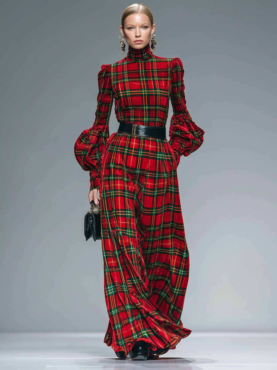 Chic Red and Green Check Maxi Dress with Lantern Sleeves