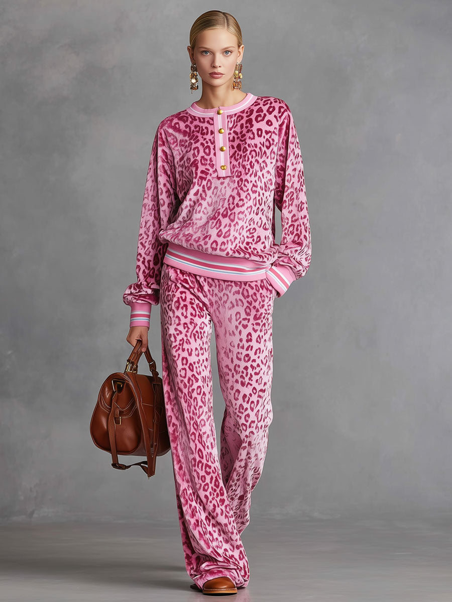 Retro Pink Leopard Print Velvet Sweatshirt and Wide-Leg Trousers Set